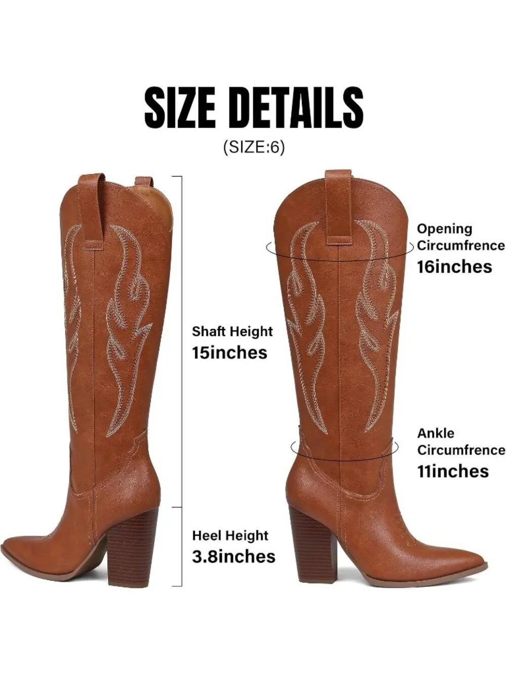 Women's Brown Leather Embroidered Rhinestone Wide Calf Side Zipper Cowgirl Boots